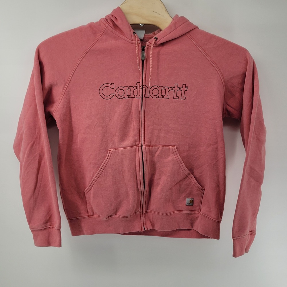 Carhartt Zip‎ Up Hoodie Women XL Pink Embroidered Logo Raglan Sleeve Full Zip